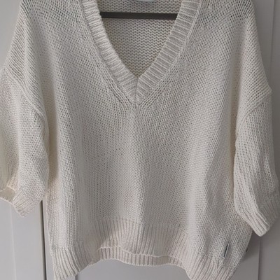 ARMEDANGELS Damen Strickpullover Weiß V-Ausschnitt Kurzarm Grobstrick M/L