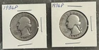 2 1936 P WASHINGTON QUARTERS, CIRCULATED, UNGRADED