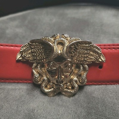 VERSACE GOLD WINGED MEDUSA BELT BUCKLE RED LEATHER Made In Italy