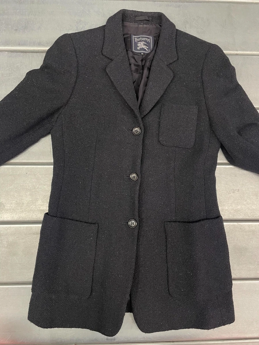 Chaqueta Blazer Burberry Vintage Mujer 40 EE. UU. M Negra 3 Botones Algodón Mezcla Angora