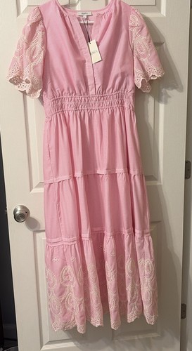 Avara Brylee Pink Stripe Eyelet Maxi dress, Size L, NWT, Lined, Original $90