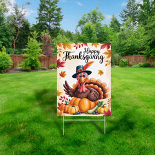 Happy Thanksgiving Yard Sign Turkey Pumpkins Fall Leaves Yard Decor