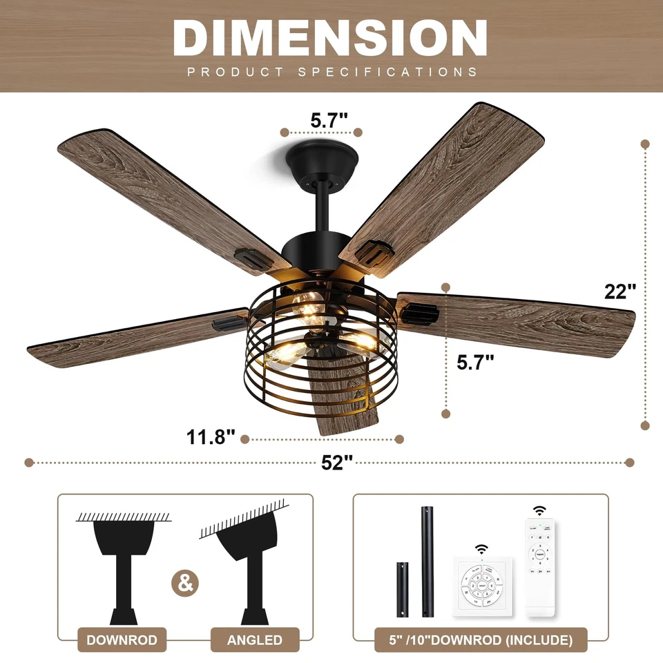 52 Inch Farmhouse Ceiling Fan with Light and RemoteBlack Industrial Caged Cei... - Image 4 of 4