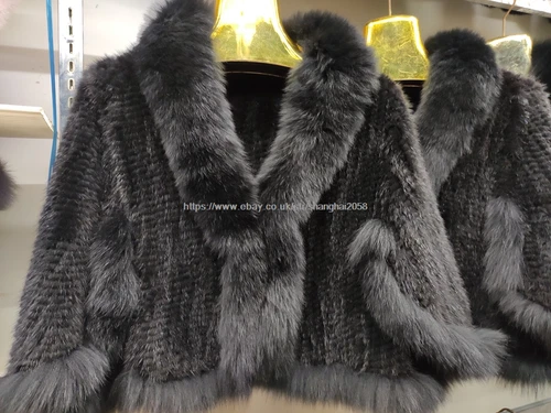 Handmade Knit Real Genuine Mink Fur Coat with Fox Fur Collar Shawls Wraps Cape - Picture 36 of 47