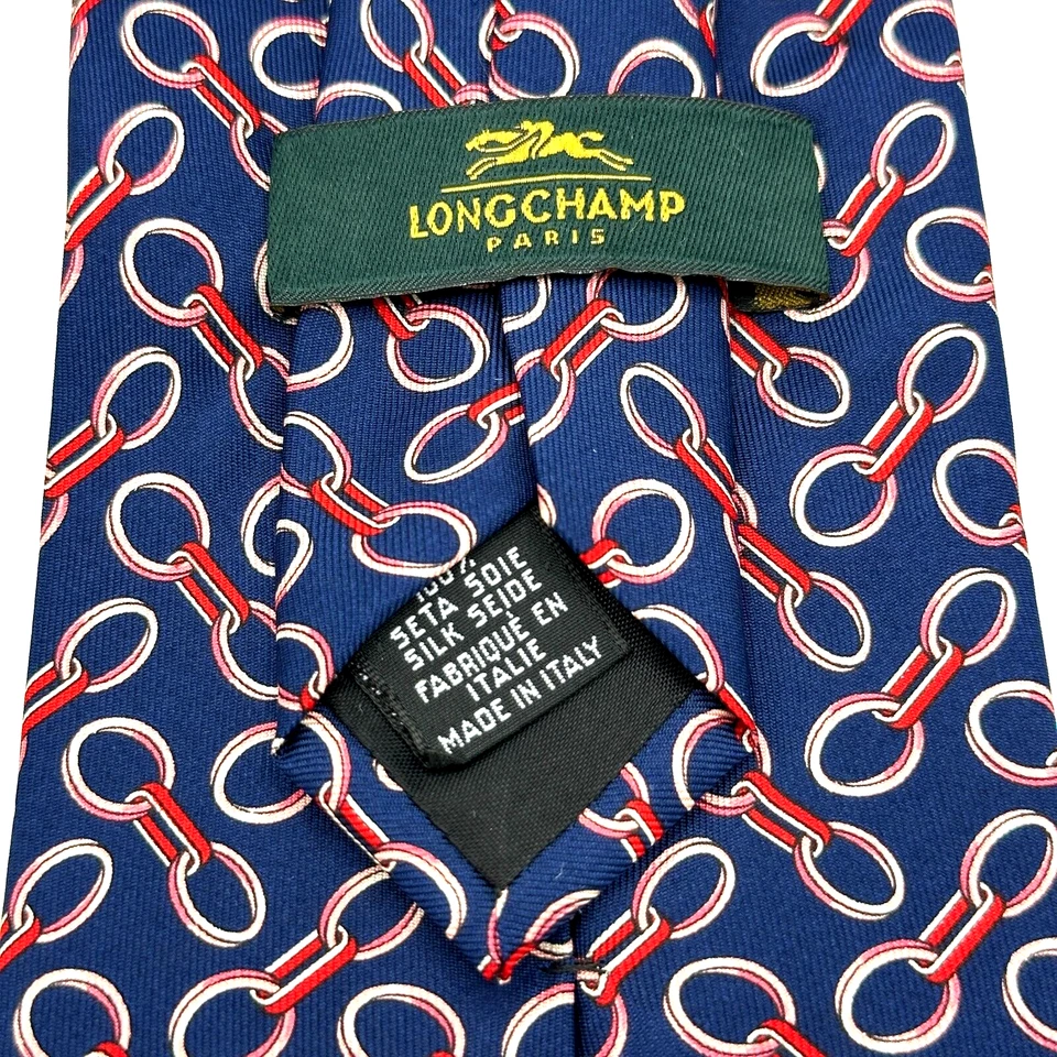LONGCHAMP 领带男式蓝色红色链条几何丝绸意大利豪华领带 — 第 3/4 张图片