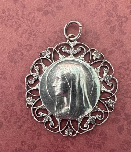 Large French Antique Mary Silver Plated Pendant Openwork Religious Jewelery - Picture 5 of 5
