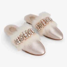 NEW EXPRESS Women Sandshell Satin Faux Fur Lined Embellished Slippers