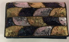 Vintage Small Evening Black Sequins Clutch with Gold Silver Black Bag