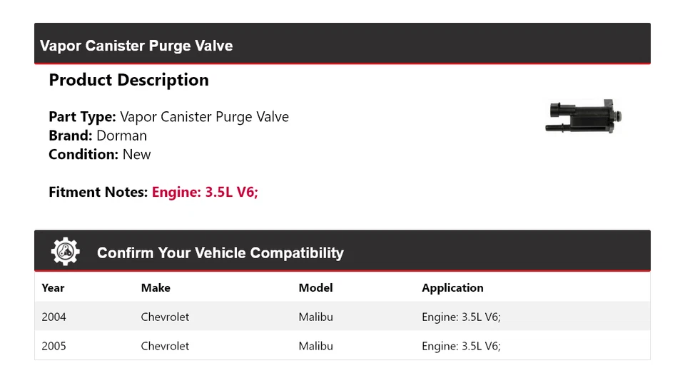 Válvula de purga para 2004-2005 Chevrolet Malibu 3.5L V6 Dorman vapor vasilha - Imagem 2 de 4