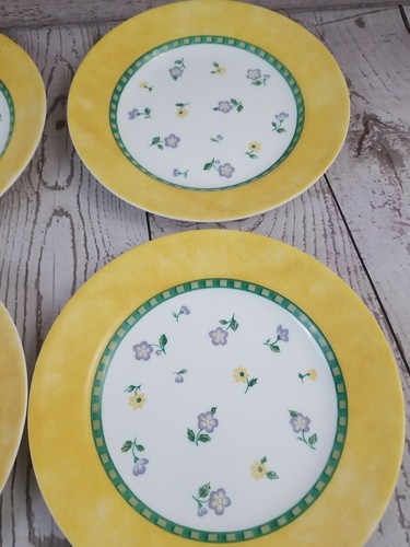 Vintage CorningWare Dinnerware Yellow Rim Green Band Petite Floral Plates-4 - Picture 4 of 12