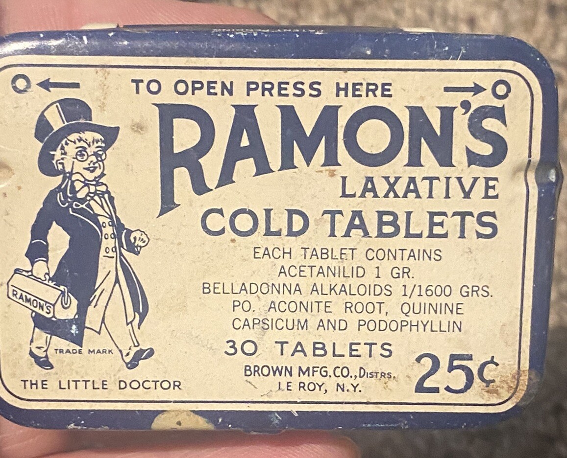 2 Ramon’s Laxative Tablets with bile salts tin lot Brown’s MFG With Instructions