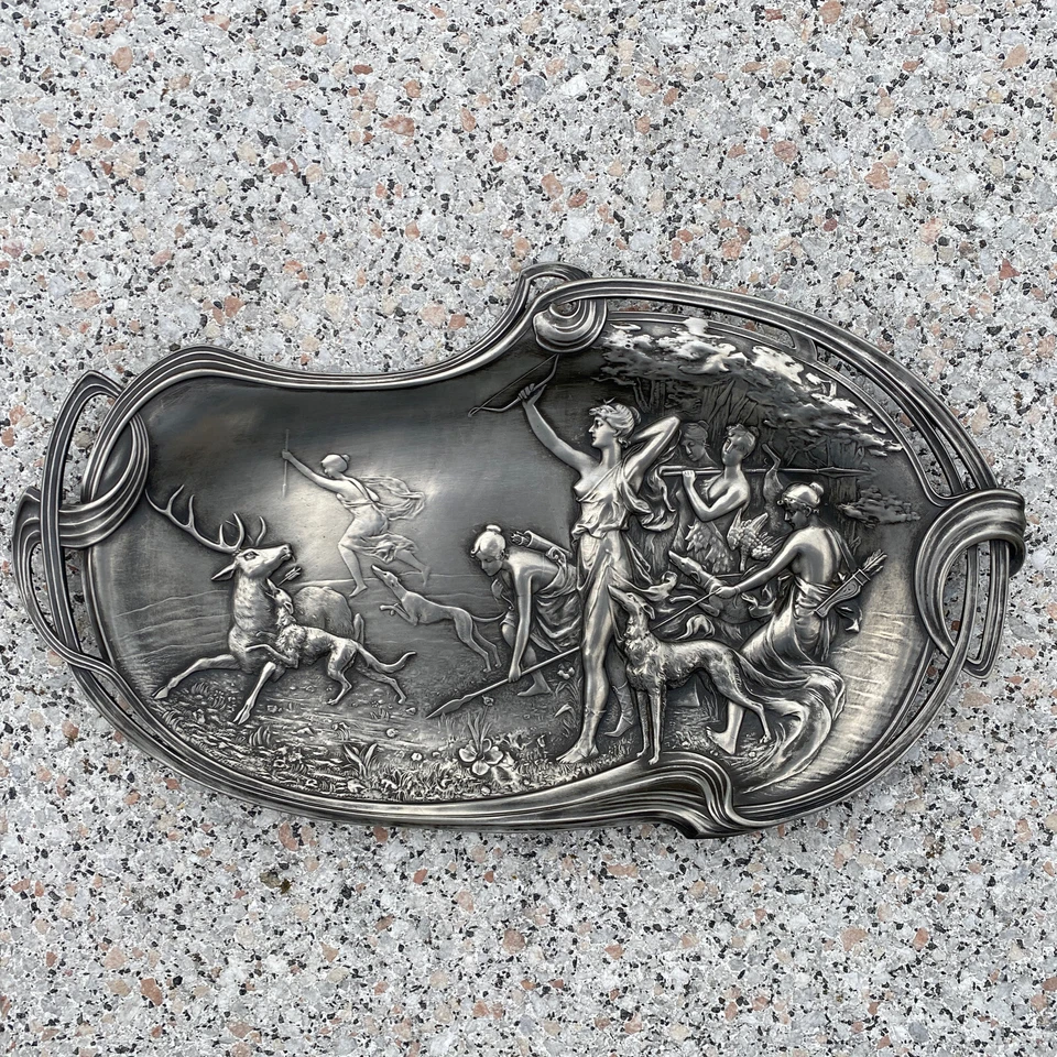 WMF Art Nouveau Jugendstil Jagdgöttin Diana Jagdszene Tablett Wandteller Antik - Bild 2 von 4