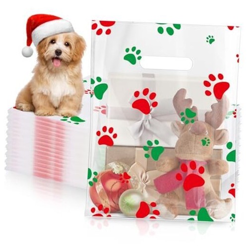 100 Pcs Dog Paw Print Plastic Bags Shopping Merchandise Sturdy Red and Green