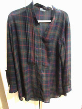chaps green blue red plaid Tunic Top XL Sheer chiffon button down easycare