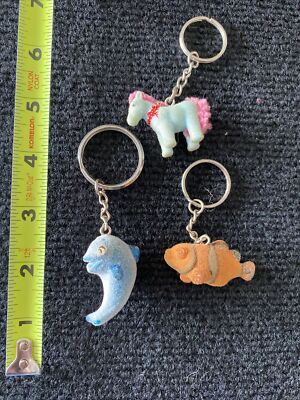 Super Tiny Mini Flocked Porpoise Clown Fish Pony Miniature Keychain Vintage