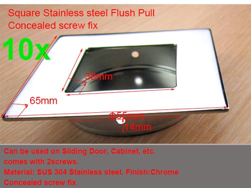 Square Stainless Steel Flush Pull Handle - Chrome, 70x70mm, Concealed Screw Fix