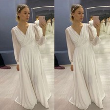 Chiffon Wedding Dresses Long Sleeves V Neck Simple A Line Bridal Gowns