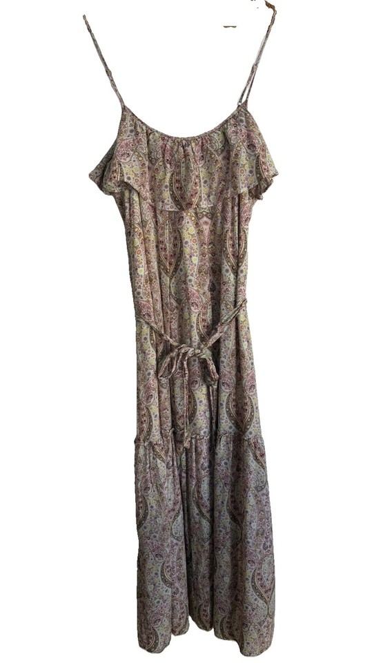 FOREVER NEW Sz 12 Silk Pink cream Paisley Ruffle Summer Maxi Slip Dress boho