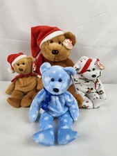 Lot of 4 Christmas TY plush Beanie Babies BEARS brown snowflake holly tags