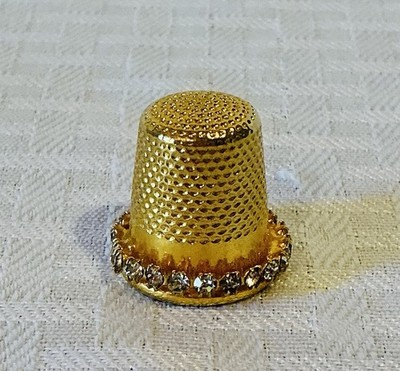 Spain Gold Tone Thimble Size 8 Clear Colored Stones Collectible Sewing Tool