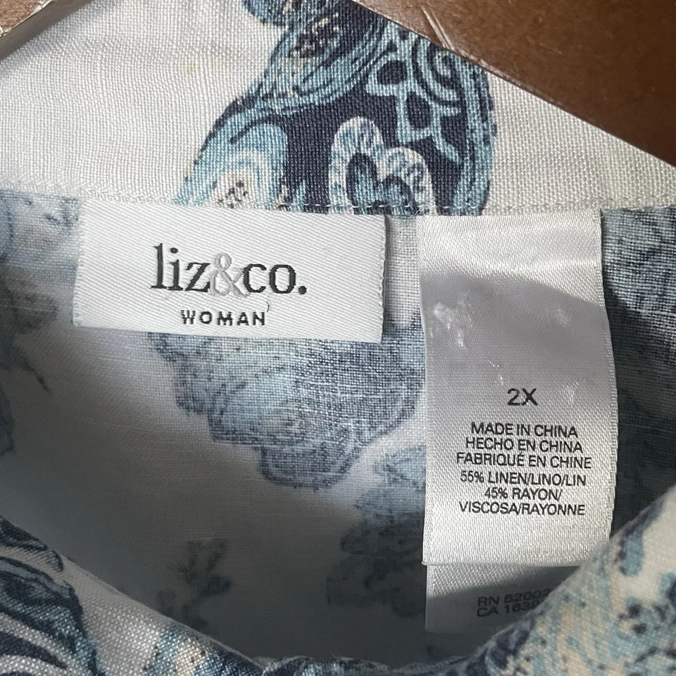 Liz & Co Top Womens Sz 2X White Blue Linen Blend Paisley Button Up Shirt Coastal - Image 3 of 4