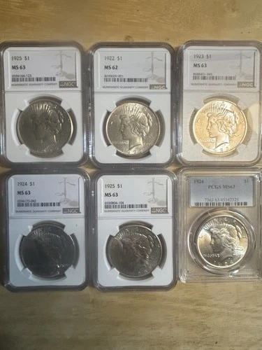 LOT OF (6) GRADED MS63 & MS62 PEACE DOLLARS 90% SILVER 🔥🔥