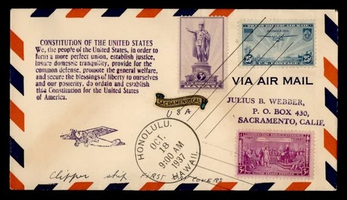 DR WHO 1937 FDC HAWAII TERRITORY CHINA CLIPPER AIRMAIL COMBO M76228
