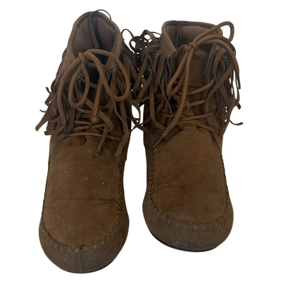 Botín al Tobillo Marrón Occidental TALLA 9 Boho Vaquera Gamuza Cuero Flecos Mocasines Foto 2 de 4