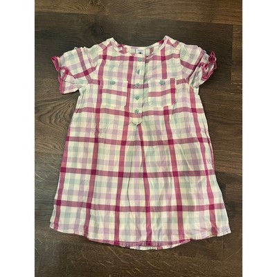 Petit Bateau Girls Plaid Shirt Dress Pink Purple White 3ans 94cm Short Sleeve