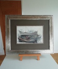 KOSTAS MANOLATOS (1958 -) FOUR FISHING BOATS IN HARBOUR GREECE - OIL ON BOARD