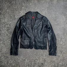 Vintage Gallery Black Leather Laser Cutout Edges Notched Lapel Snap Button S