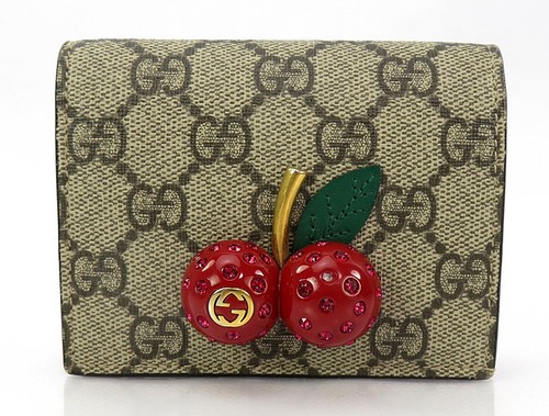 Authentic GUCCI Brown GG PVC Canvas 3D Cherry Mini Bifold Wallet #63517