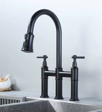 Two Handles Black Matte Swivel Mixer Tap Brass Kitchen Pull Out Bridge Faucet