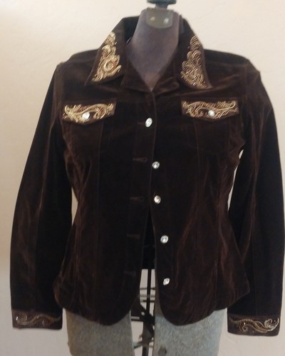 Christine Alexander Chocolate Brown Jean Jacket Swavorski Crystals Sz XL Pocket - Picture 2 of 6
