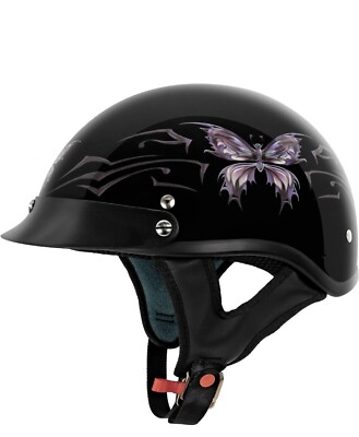 VCAN Cruiser Butterfly Motorcycle Half Helmet Gloss Black X-Small V505BF21 NEW
