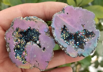 79g Pair Rainbow Aura Agate Quartz Crystal Bismuth Titanium Silicon Specimen 1