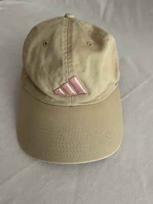 Adidas Youth Girls Khaki Beige Embroidered Pink Tri Fold Logo Hat 100% Cotton