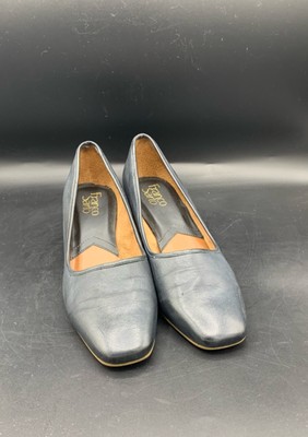 New Women s Franco Sarto Navy Dark Blue Leather Pumps 6M Block Heels Classic