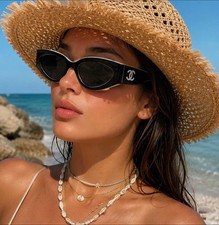 Chanel Narrow Rectangle Sunglasses Black White Frame Gray Lenses Women's