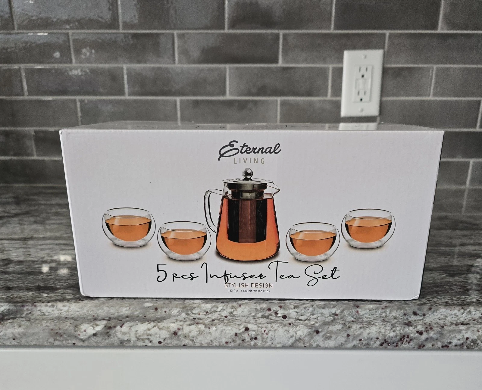 Eternal Living 5 PCS Infuser Tea Set. 1 Kettle 15 oz 4 Doubled Walled Cups 5 oz.