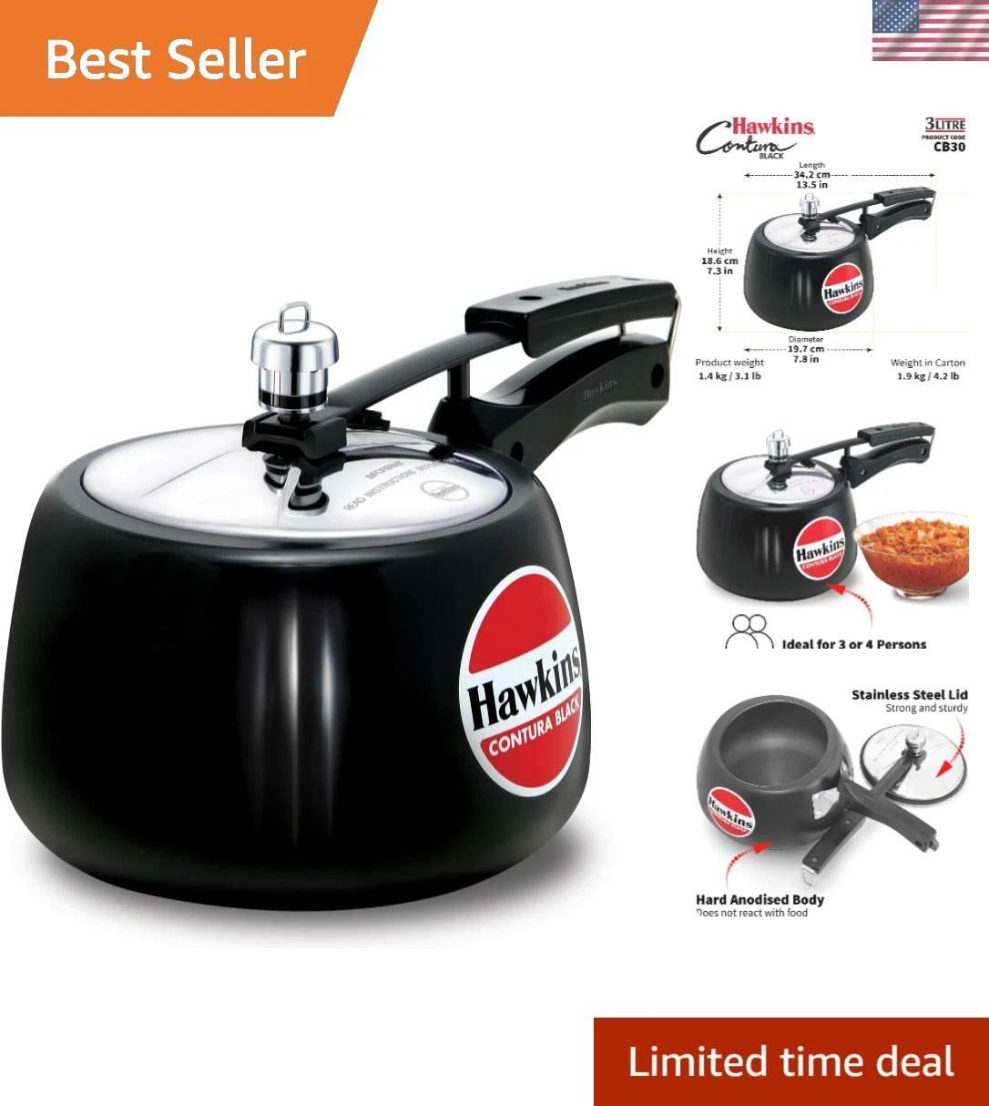 Stylish 3L Contura Pressure Cooker: Faster Cooking with Safety Lock Feature