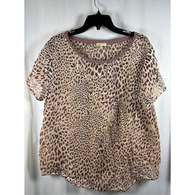 KORI AMERICA Womens Leopard Print Sheer Short Sleeve Top Plus Size L