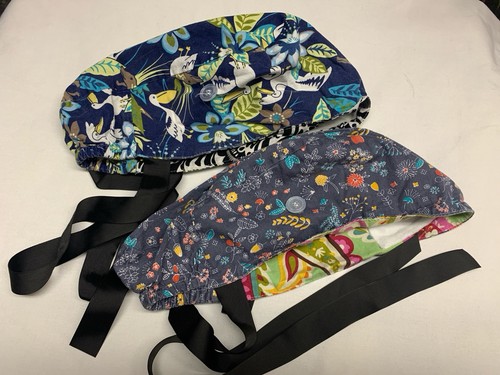 Scrub Cap Hat Nursing Doctor Surgical Vet Nurses Cotton Straps Set Of 2