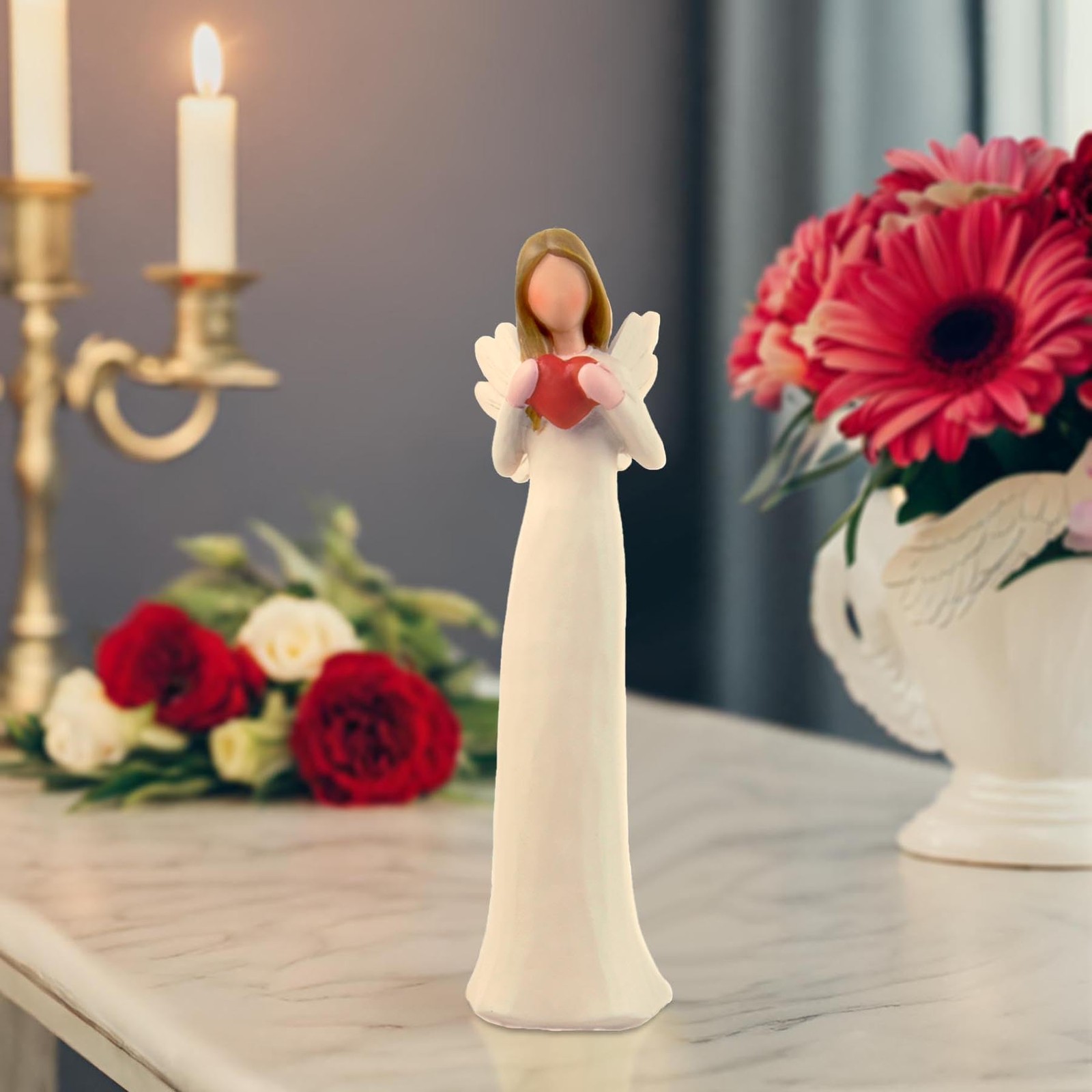 7.48" Angel Figurines for Women - Resin Guardian Angel Statue Holding Red Hea... thumbnail 7