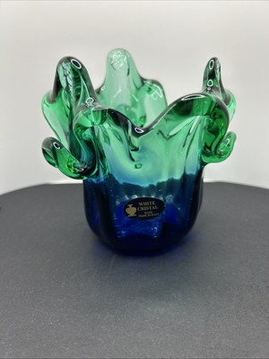 White Crystal Art Glass Vase / Bowl 5  Cobalt Blue & Green Made in Italy
