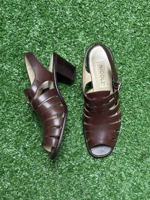 Nicole Matisse Brown Strappy 2.5'' Block Heels Open Toe Retro Sandals Size 7.5