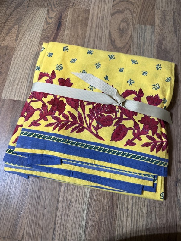 Vintage Williams Sonoma Provence French Tablecloth 70 x 70 Yellow Floral Bee