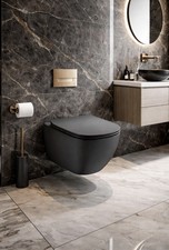 Wall Hung Black Rimless Toilet Pan WC Top Fix Soft Close Seat Bathroom Modern