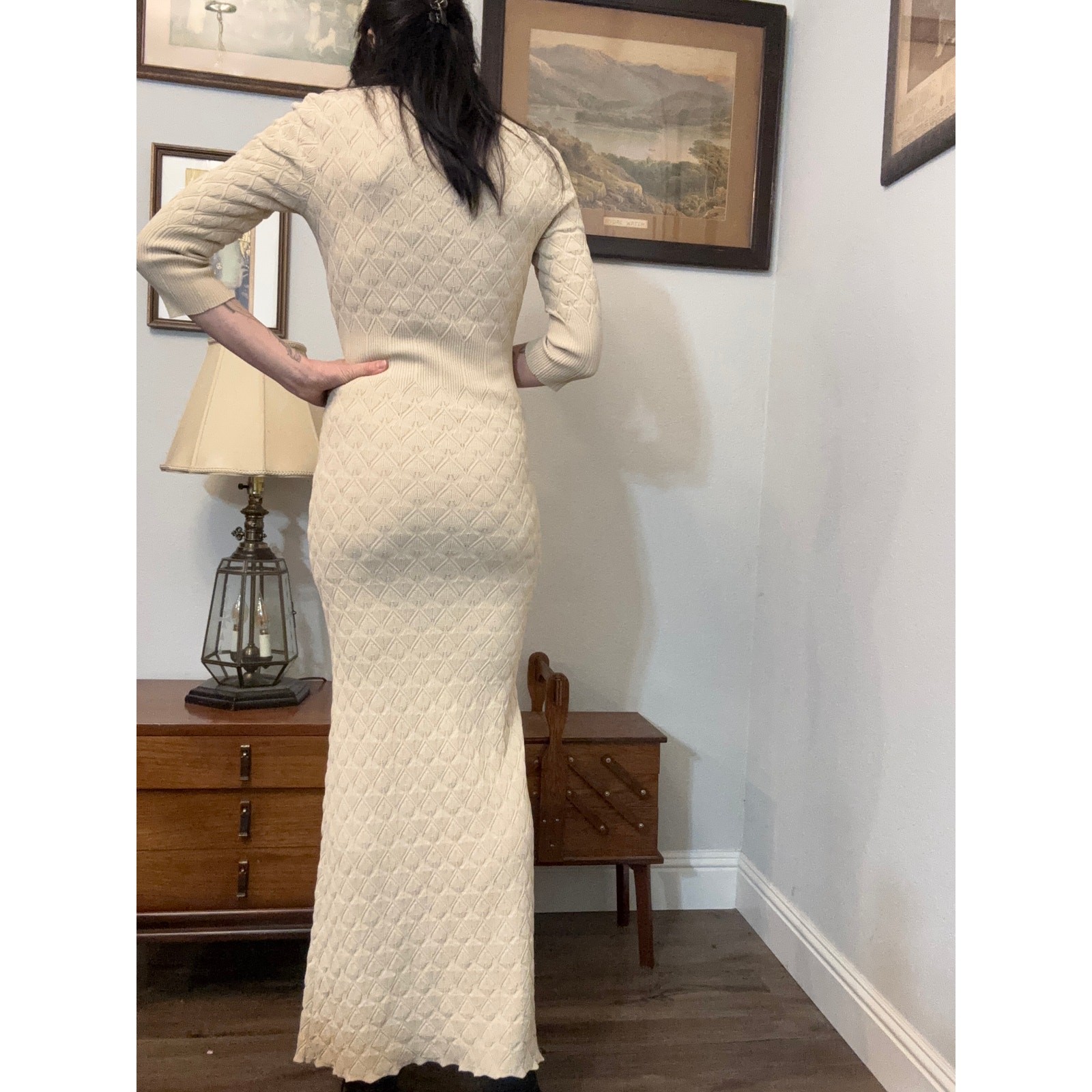 Alexander McQueen long ribbed leaf knit gown cream dress 2014 designer fitted image 6