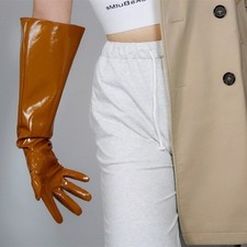 Women's Brown Long Latex Gloves Faux Patent Leather for Evening Costume Dress